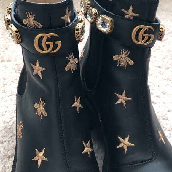 gucci leather embroidered ankle boot